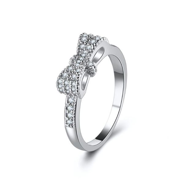 

full crystal cubic zirconia bowknot rings for women silver color geometric bow ring engagement wedding jewelry, Slivery;golden