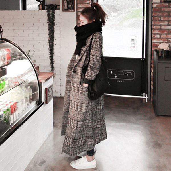 

woman autumn plaid long coat fashion turn-down collar long sleeve straight trench coats plus size xxl, Tan;black