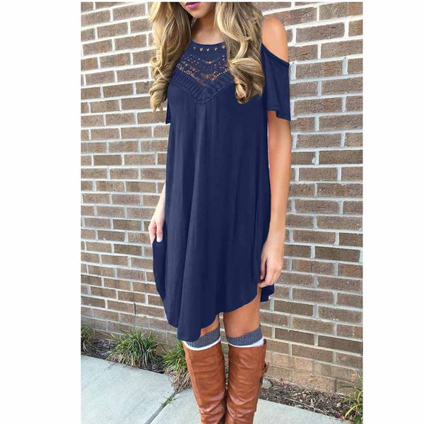 

голубое кружевное полое повседневное платье с холодным плечом, Black;gray