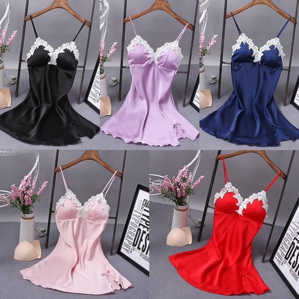 

women lingerie silk robe dress nightdress lace bow straps lady nightgown sleepwear costumes soft material sleepshirts, Black;red