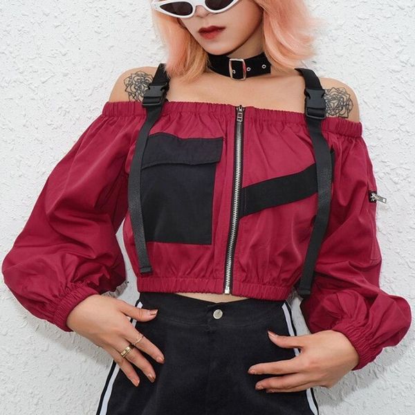

wine red black cold shoulder hooded hoodies women gothic autumn long sleeve crop lady cool chain fashion clothes loose