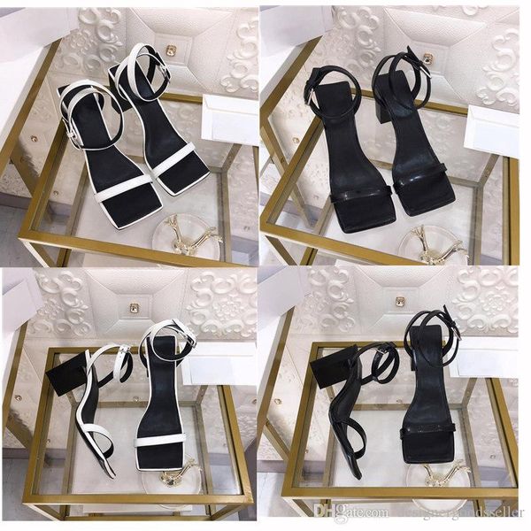 

women designer high heels bckle high heel female 3d graffiti square head sandals luxury women shoes chunky heel sandals real leather sandals, Black