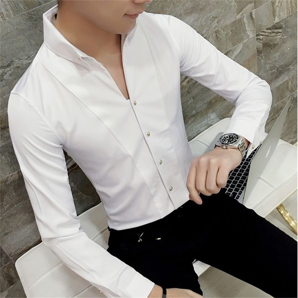 

2019 new lapel men's shirt long sleeve white and black male shirt s-xxx camisa masculina, White;black