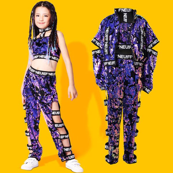 

girls jazz modern dance costume clothes sequin dance performance hip-hop practice uniform child street clothes 2020, Black;red