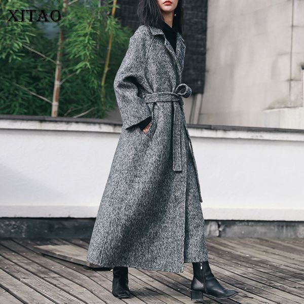 

xitao bandage plus size blends women fashion new 2019 winter wide waisted long turn down collar loose minority coat dmy1660, Black