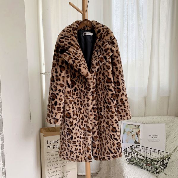 

women faux fur coat leopard print medium winter warm long teddy coat turn-down collar oversize coats outerwear teddy jacket 2019, Black