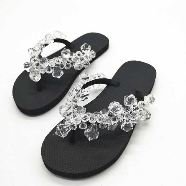 

fashion women slippers with diamond female summer beach water-resistant 1.5cm low-heeled slippers plus size 35-45 flip flops, Black