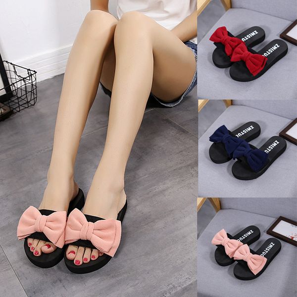 

new 2020 slope heel flat bottom korean anti slip summer shoes women's bow sandals slippers indoor and outdoor summer flip flops beach s, Black