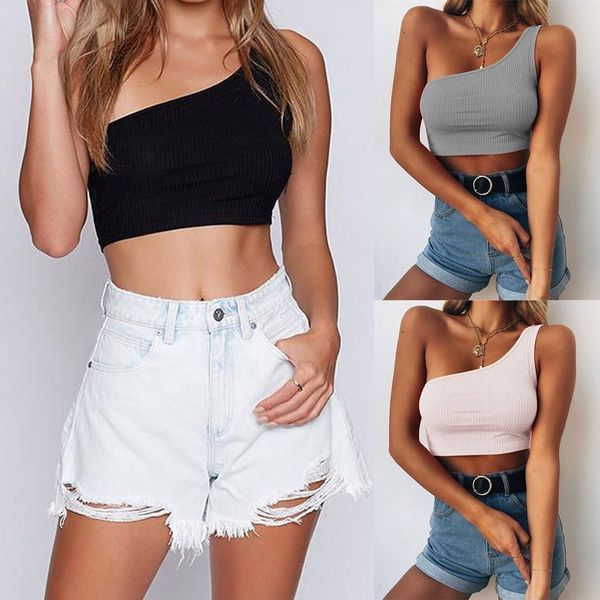 

women lady female one shoulder crop sleeveless t-shirt tank summer beach solid vest bare midriff summer fashion clothes, White
