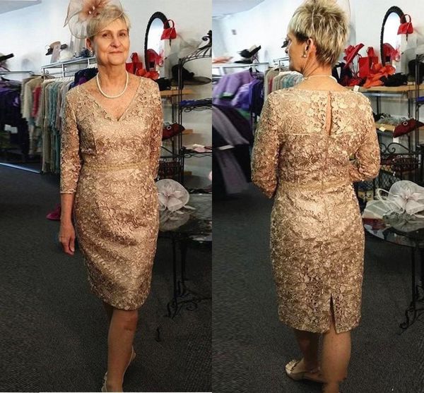 2019 V Neck Gold Full Lace Mother Of The Bride Dresses Long Sleeves Belt Knee Length Wedding Guest Dress Plus Size Mother Gowns Custom Made Mother To