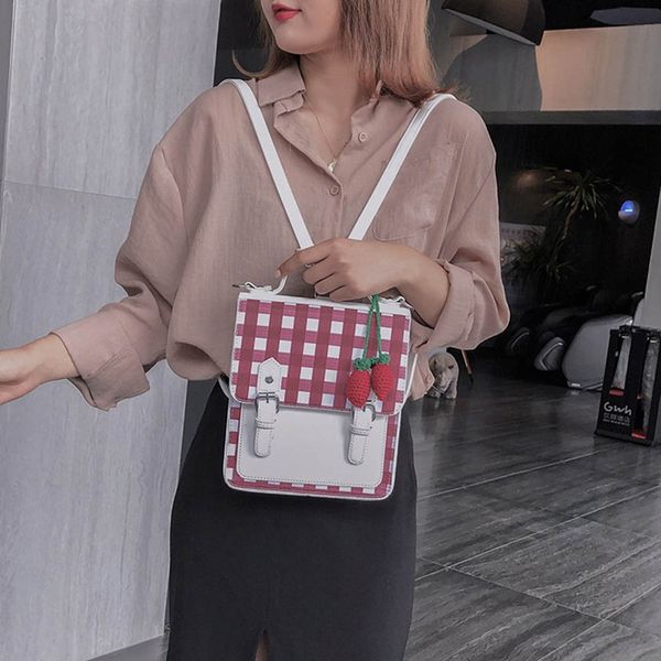 

2019 korean stitching contrast plaid backpack ladies strawberry shoulder bag women fashion pu messenger backpack double use new