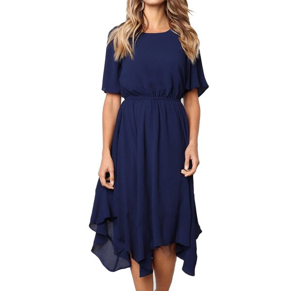 

solid irregular half sleeve o-neck casual summer dress 2019 midi pleated chiffon dress women vestidos, Black;gray
