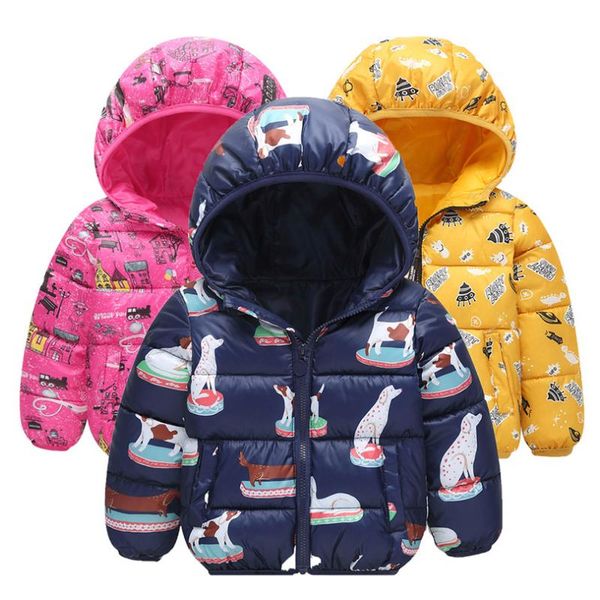 

2019 baby boys girls winter cartoon printing jacket kids warm thick hooded outerwear 2-6 y toddler girl boy clothing, Blue;gray