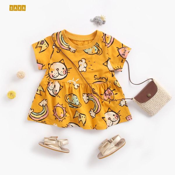 

baby girl dress 2019 summer 100% cotton cartoon print baby short-sleeved dress clothes straight a-line, Red;yellow