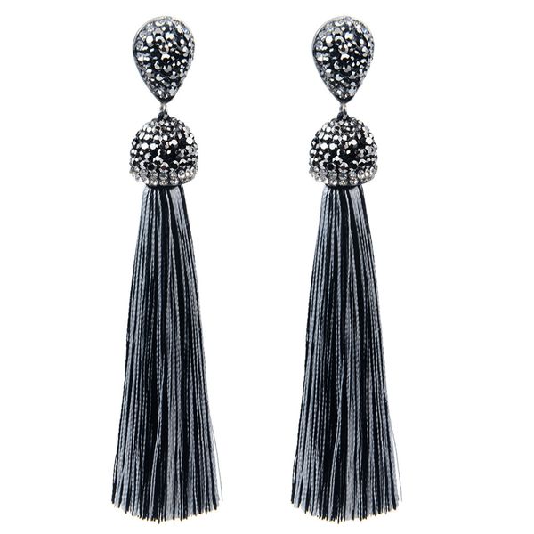 

handmade 12 colors long tassel earrings bohemian black red pink white blue silk crystal dangle drop earrings for women jewelry, Silver