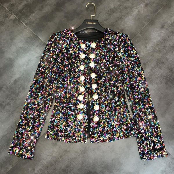 

2019 new autumn bling color sequins pearl buckle short coat woman fashion shiny jacket lady's cardigan outwear, Black;brown