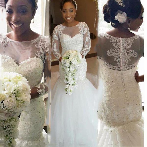 

african long sleeves mermaid wedding dresses with court train lace appliques butons back women bridal custom weddings gowns b2, White