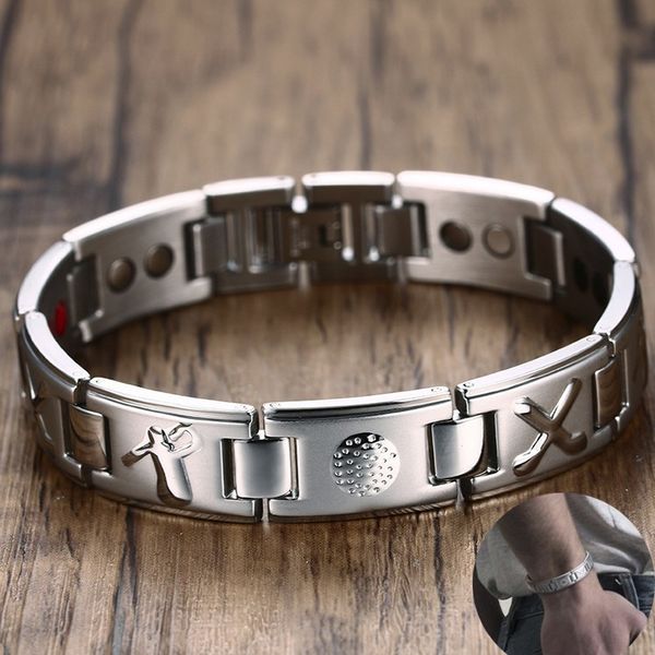 

gents golf clubs and ball marker magnetic therapy bracelet stainless steel 4 in 1 bio elements energy bangle male jewelry 8.5, Golden;silver