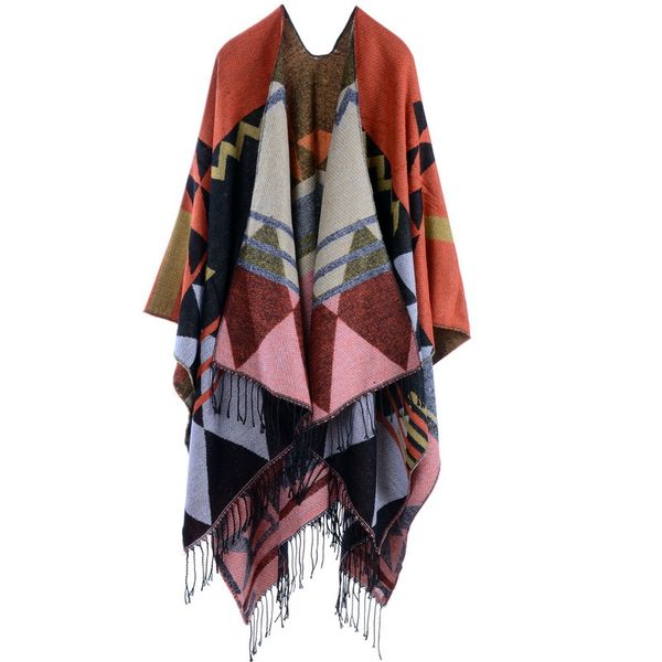 

women pashmina bohemian tassels long thickening cashmere autumn winter travel split shawl cloak 51*59inch, Black