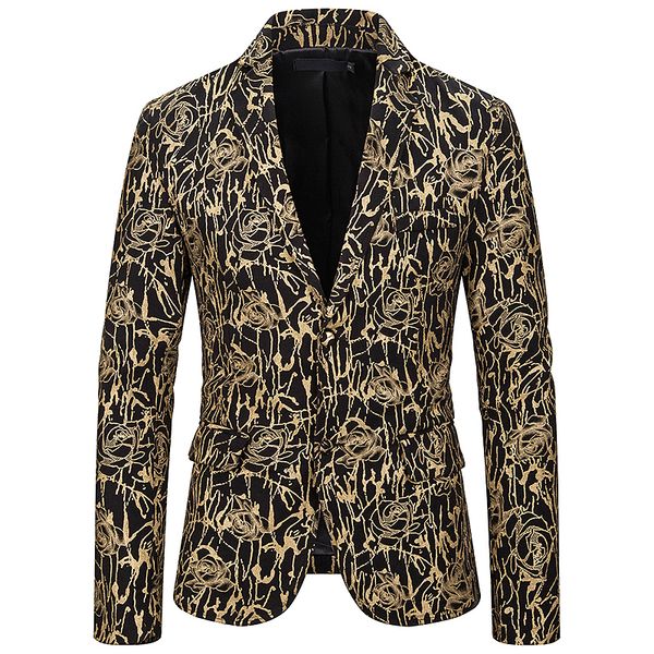 

heflashor male gold foil stamping golden floral printed suit dj club stage wedding sport suit slim formal fit casual men blazer, White;black
