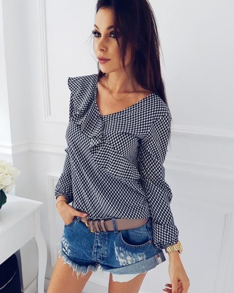 

2018 plaid shirts womens v-neck ruffle blouses loose long sleeve shirt casual blouse chiffon autumn checkered shirts, White