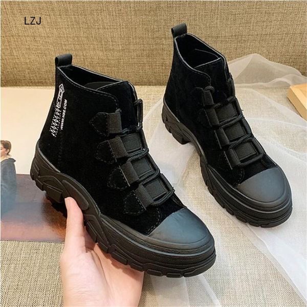 

lzj 2019 autumn women ankle boots slip on platform lace up sewing female shoes fashion flats non-slip casual footwear size 35-39, Black