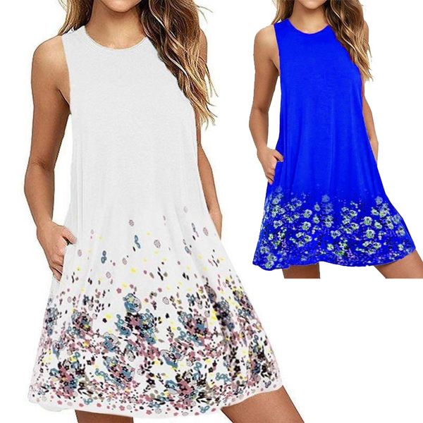 

summer women round collar sleeveless printed vest dress fashion casual loose large size beach dress party, White