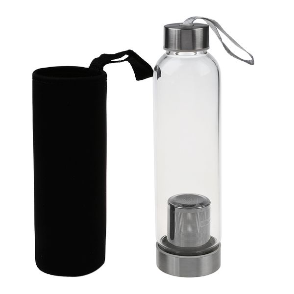 

glass sport water bottle with tea filter infuser protective bag 550ml