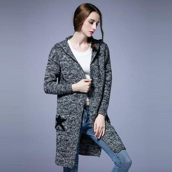 

plus size clothing women autumn fall winter thick cardigans long sweaters knitted pockets stars design coats, White;black