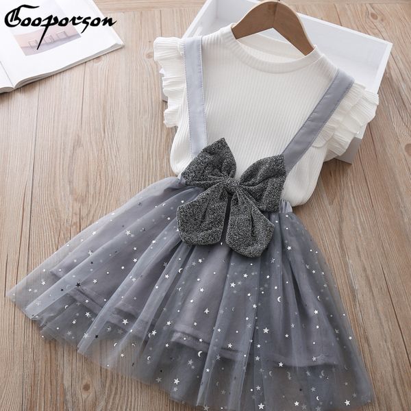 

gooporson fashion kids outfits summer short sleeve bow star strap skirt little girls clothing set korean children clothes t200707, White