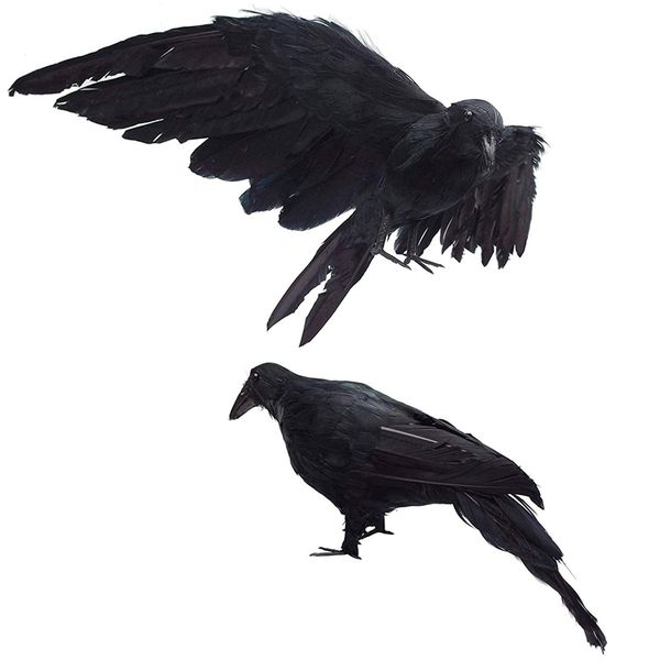 

2-pack realistic crows extra large handmade black feathered crow for halloween decorations birds, l (13 inch+12 inch