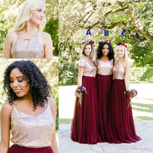 2019 Sommer Frühling Brautjungfernkleid Roségold Pailletten Burgunderrot Country Garden Hochzeit Party Gast Trauzeugin Kleid Plus Size Maßgeschneidert