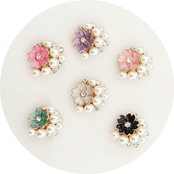 

5 pcs/lot colorful pearl rhinestone flower flat base diy jewelry making charms hand made decoration materials, Blue;slivery