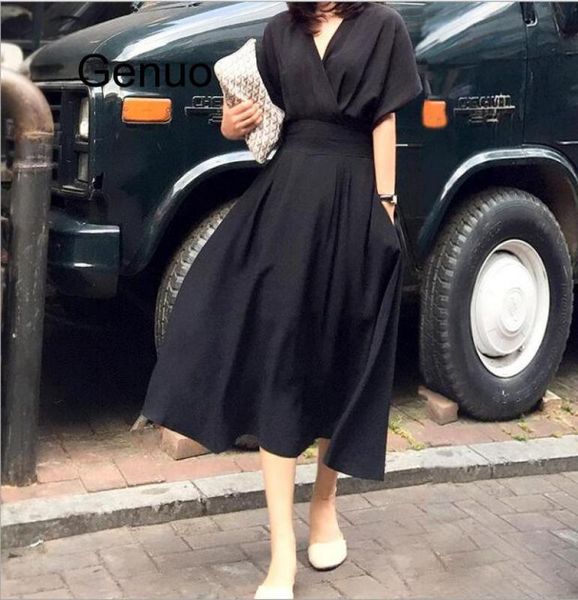 

summer casual elegant korean office ladies vintage women midi dresses black white loose high waist solid female dress, Black;gray