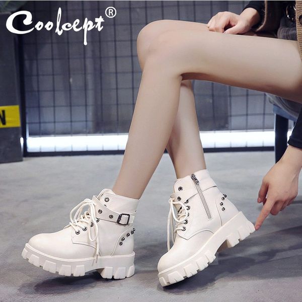

coolcept women ankle boots thick bottom lace up zipper buckle metal fashion mujer winter warm shoes women footwear size 35-40, Black