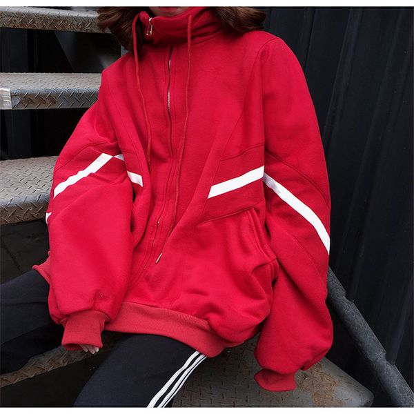 

high collar sweater female winter korean harajuku bf wind striped color matching drawstring pocket zipper plus velvet jacketaa42, Black;brown