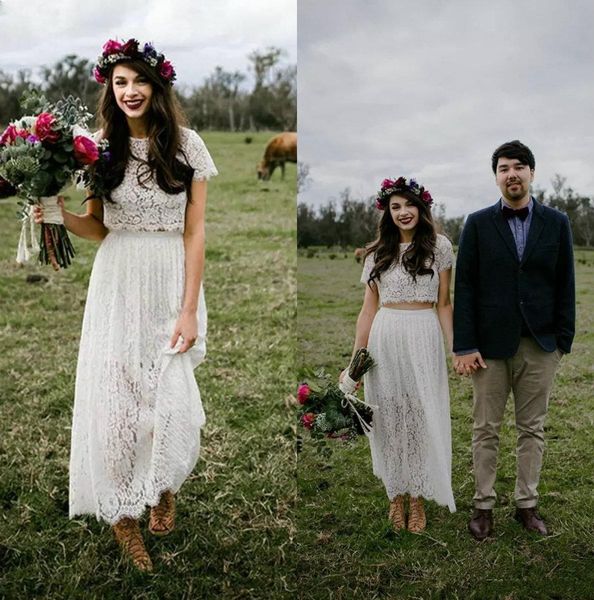 

Romantic Lace Two Pieces Boho Wedding Dresses Modest With Short Sleeves Vestidos De Noiva 2019 Vintage Tea Length Bridal Gowns