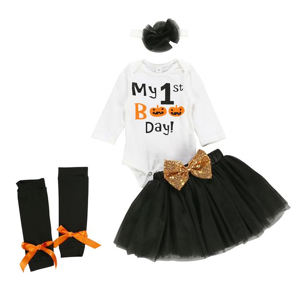 

4pcs toddler girls clothes sets baby kids girls halloween print romper long sleeve solid tutu skirt set outfits 2019 @47, White