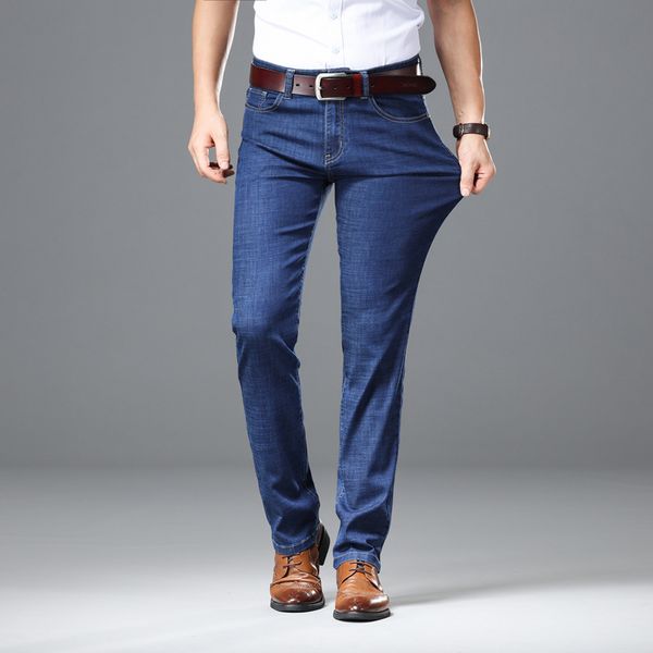 

2019 light jeans men male straight fit pants classic jeans men denim elasticity fashion trousers utr thin pants light blue