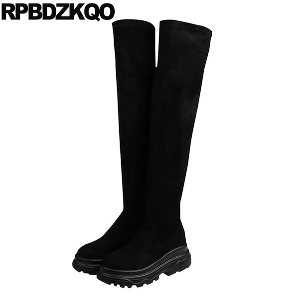

suede slim thigh women boots stretch long lace up harajuku muffin black shoes elevator knee high over the tall flatform