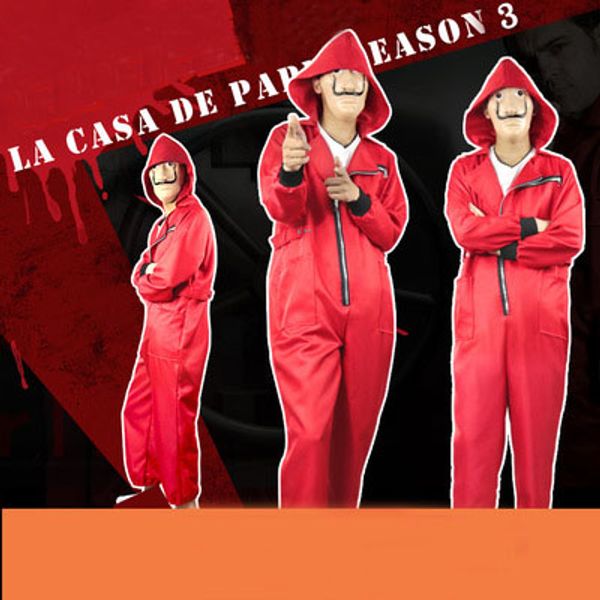 

la casa de papel season 3 2019 new dali red jumpsuit clown costume halloween cosplay,gift mask, Black;red