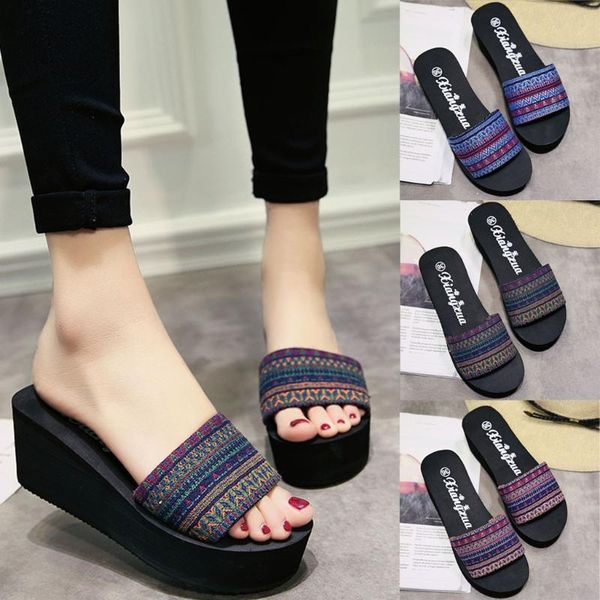 

youyedian shoes woman outdoor slippers summer women's summer high heel wedge ethnic style open toe sandals beach walk shoes, Black