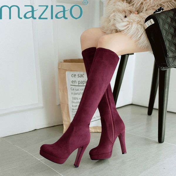 

women's fashion zipper knee high boots platform square high heel boots round toe autumn winter woman shoes plus size 33-43maziao, Black