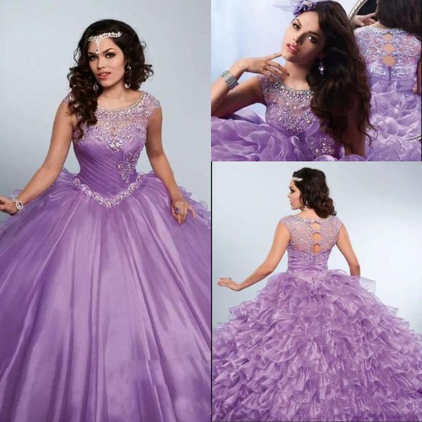 

2018 Vintage Rhinestones Quinceanera Dresses Bling Jewel Neck Sweet 16 Dresses Ball Gowns Organza Lavender Crystal Prom Dress