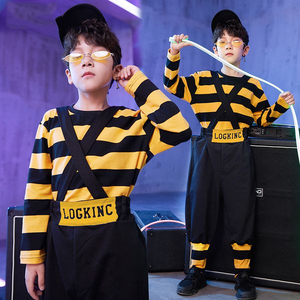 

hip hop kids yellow striped long sleeve bib pants girls jazz costume street dance clothing children stage show dancewear dn2769, Black;red