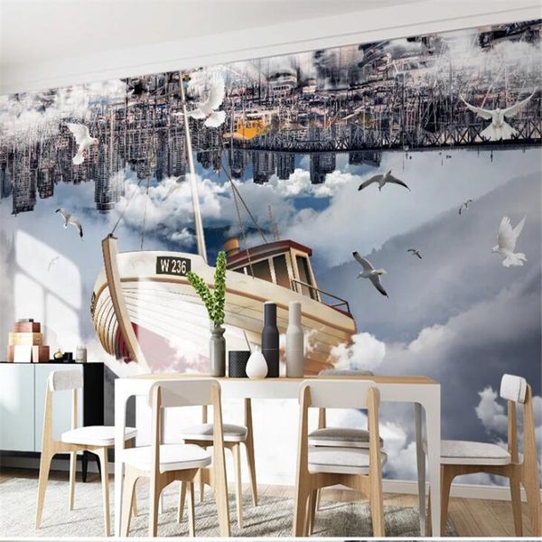 

city building sailing cloud sky creative 3d stereo painting tv background wall customized large mural wallpaper