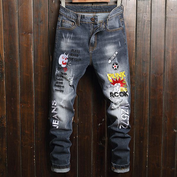 

men's jeans tide brand letter embroidery 2021 mens slim for men fashion ripped denim pants man trousers pantalon homme, Blue