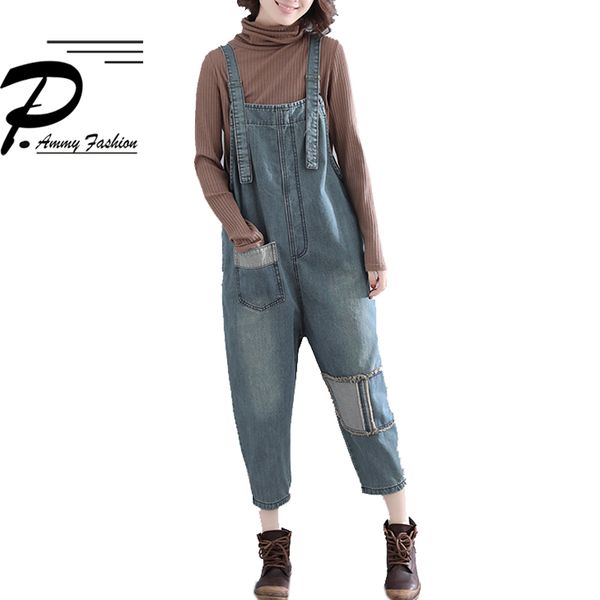 

fashion casual oversized loose low drop crotch harem jeans jumpsuits women strap denim overalls hanging patch pants rompers, Black;white