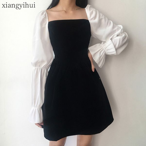 

square collar long sleeve dress a-line mini dresses black and white color patchwork woman bandage dresses high waist dress, Black;gray