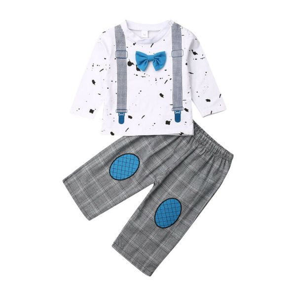 

2pcs autumn clothes toddler baby boys clothes gentleman shirt +plaid pants outfits set 0-24 months, White
